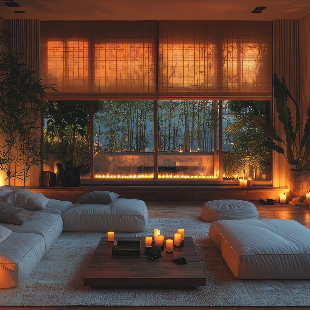 living room without electric light. Inside a modern house during a blackout at night, illuminated only by candles and a few flashlights