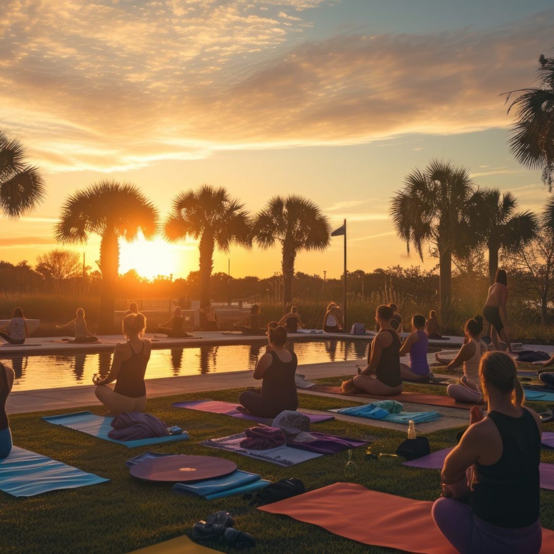 A serene yoga class at sunrise, participants in a tranquil outdoor setting, symbolizing peace and mindfulness. Resplendent.