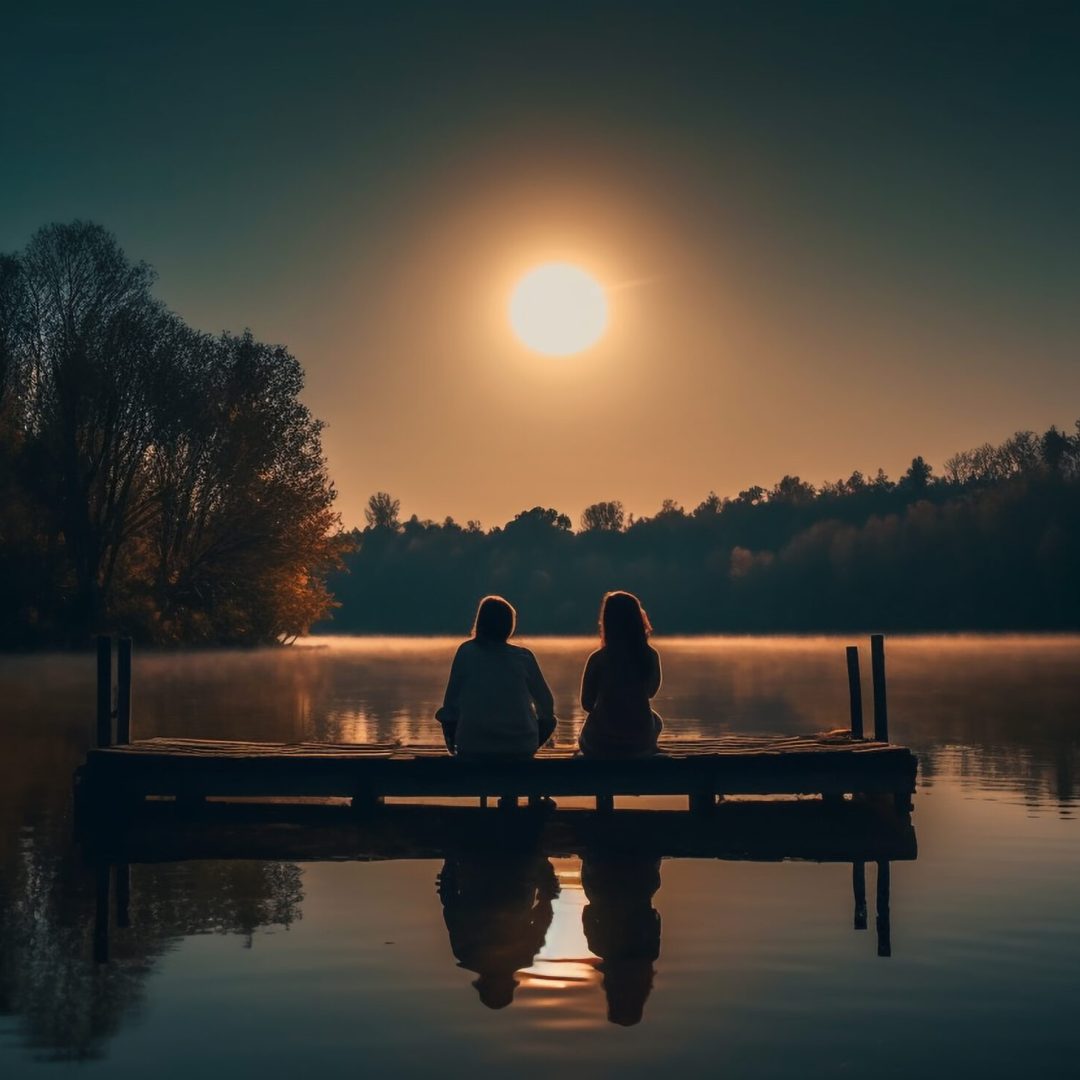 Silhouette couple sitting on jetty at sunset generated by artificial intelligence